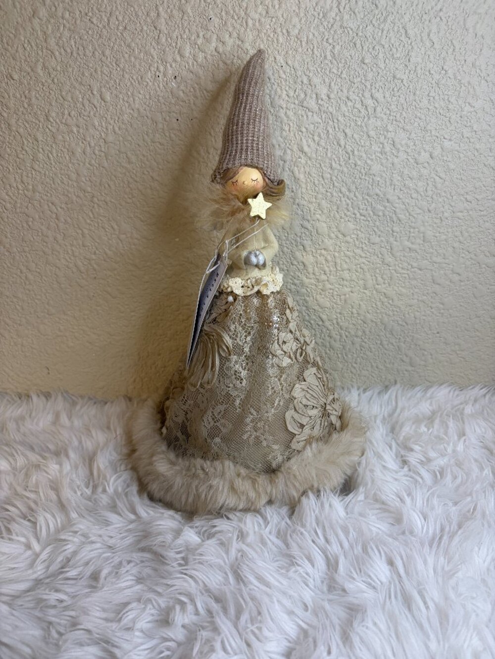 Bella Lux Christmas Angel Figurine Lace Floral Fur Trim 14 In Holiday Decor NWT
